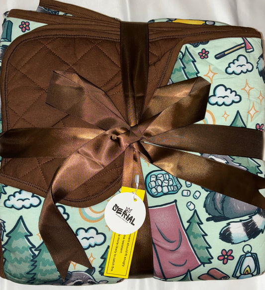 Raccoon Campsite Shenanigans Quilted Blanket